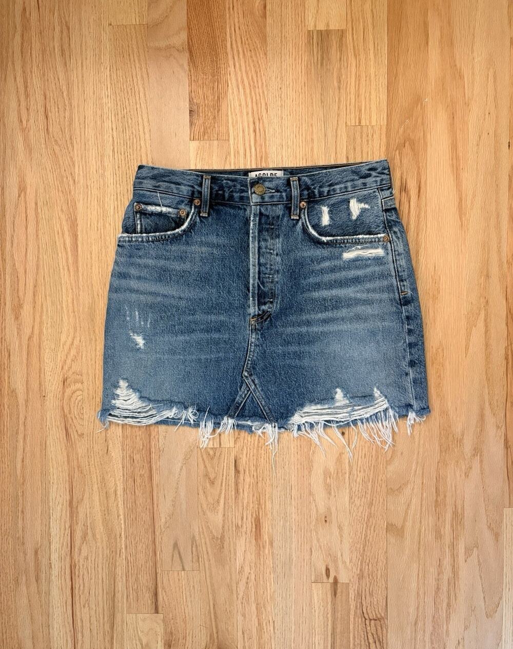 Agolde Denim Skirt Women’s Size 26 Blue Mini Distressed Frayed Raw Hem